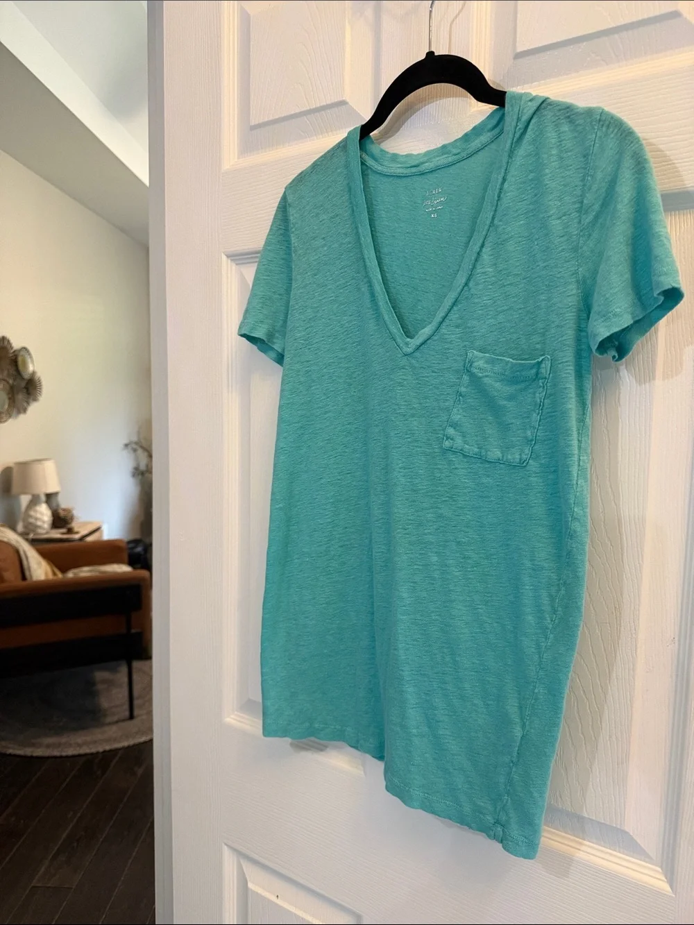 J. Crew 100% Lightweight Linen V-Neck Pocket Tee - Teal